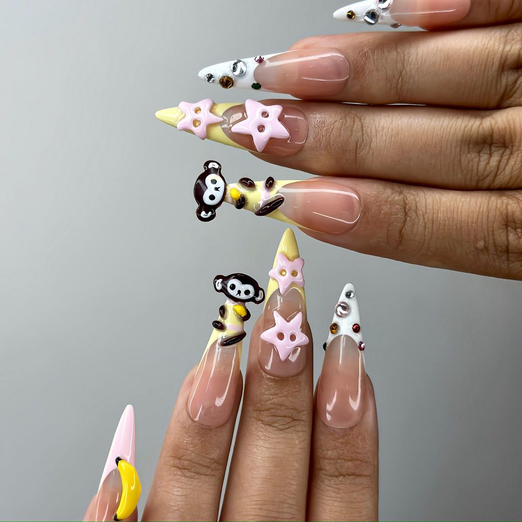 3D Monkey Banana Press On Nails Cute Pink Star & Fruit Fake Nails Kawaii Handmade Nail Art Playful Cute Nails Cartoon Nails
