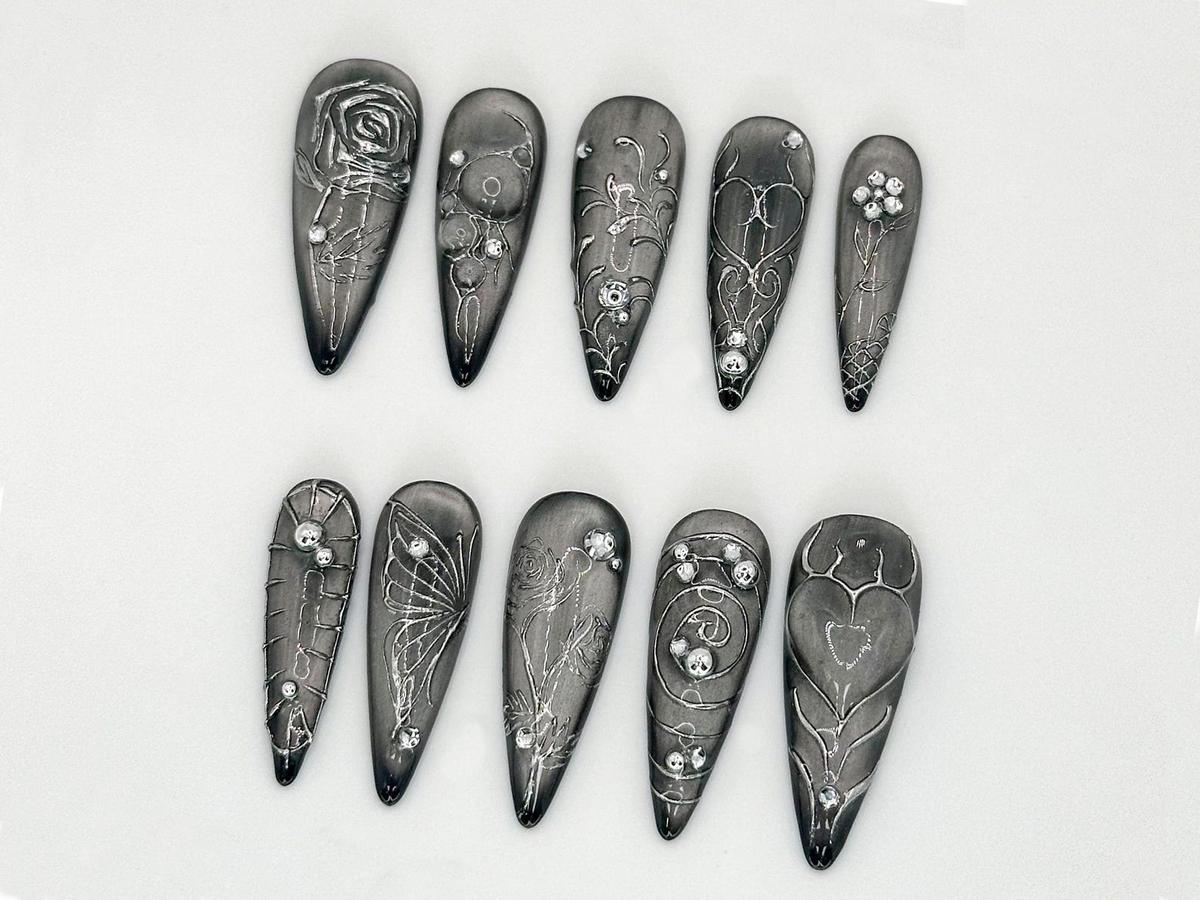 Elegant Silver Gothic Press-On Nails Intricate Butterfly and Rose Silver Nails Luxury Silver Gothic Butterfly & Rose Design