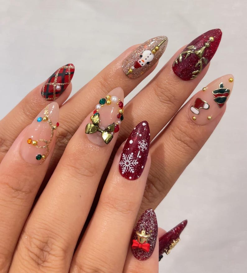Luxe Christmas Press On Nails, Red Green Gold Christmas Nails, 3D Bow & Bell Nail Art