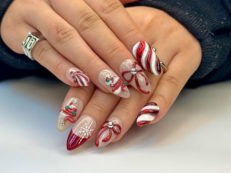 Christmas Candy Cane Press On Nails by DoryNails Red Chrome Bow & Snowflake Nail Art Holiday Party Nails Gift for Her