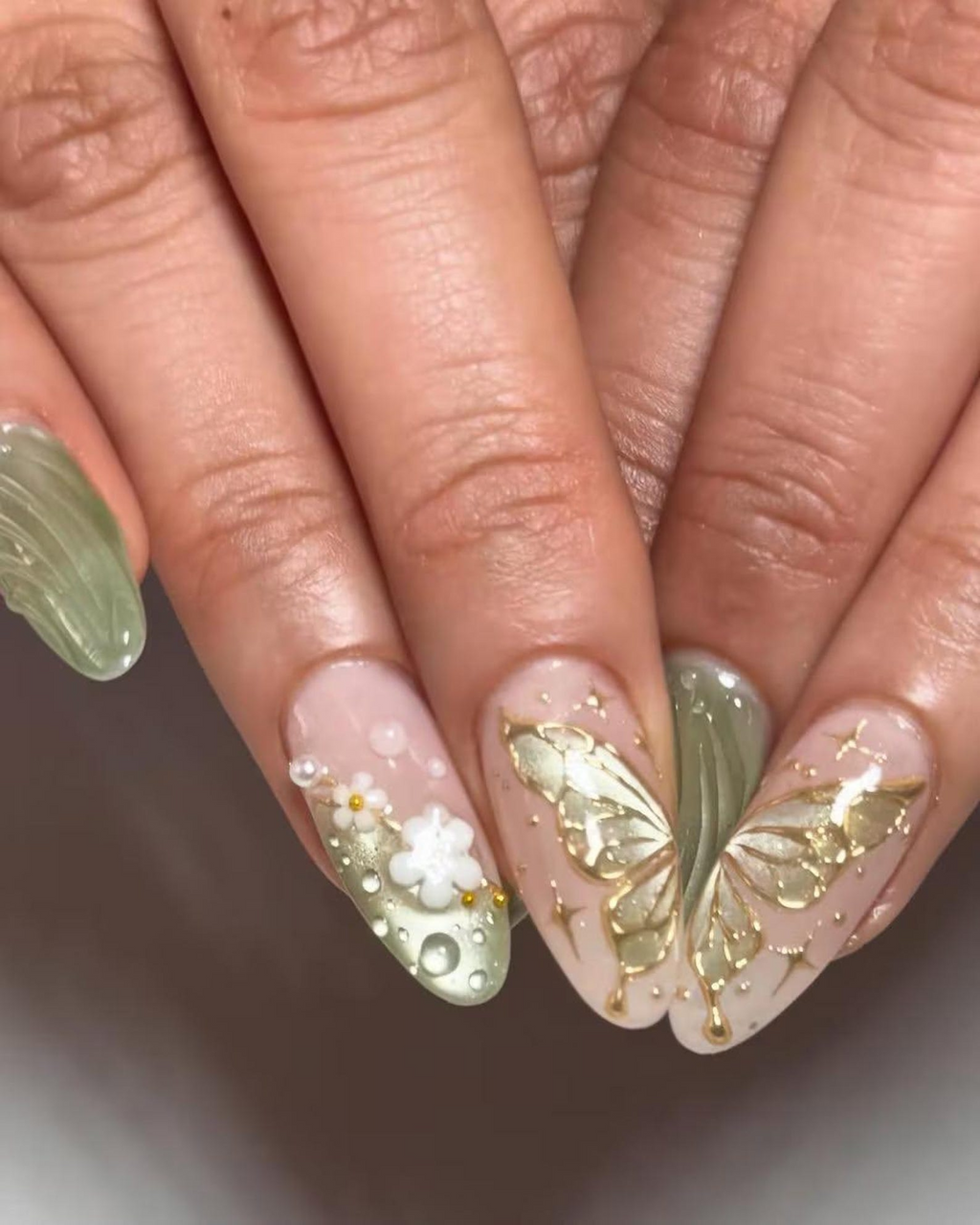 Jade Green Floral Press On Nails Elegant Floral Nail Art Zen Nature Press Ons Nude Floral Butterfly Nails Handmade 3D Nail OB781HC