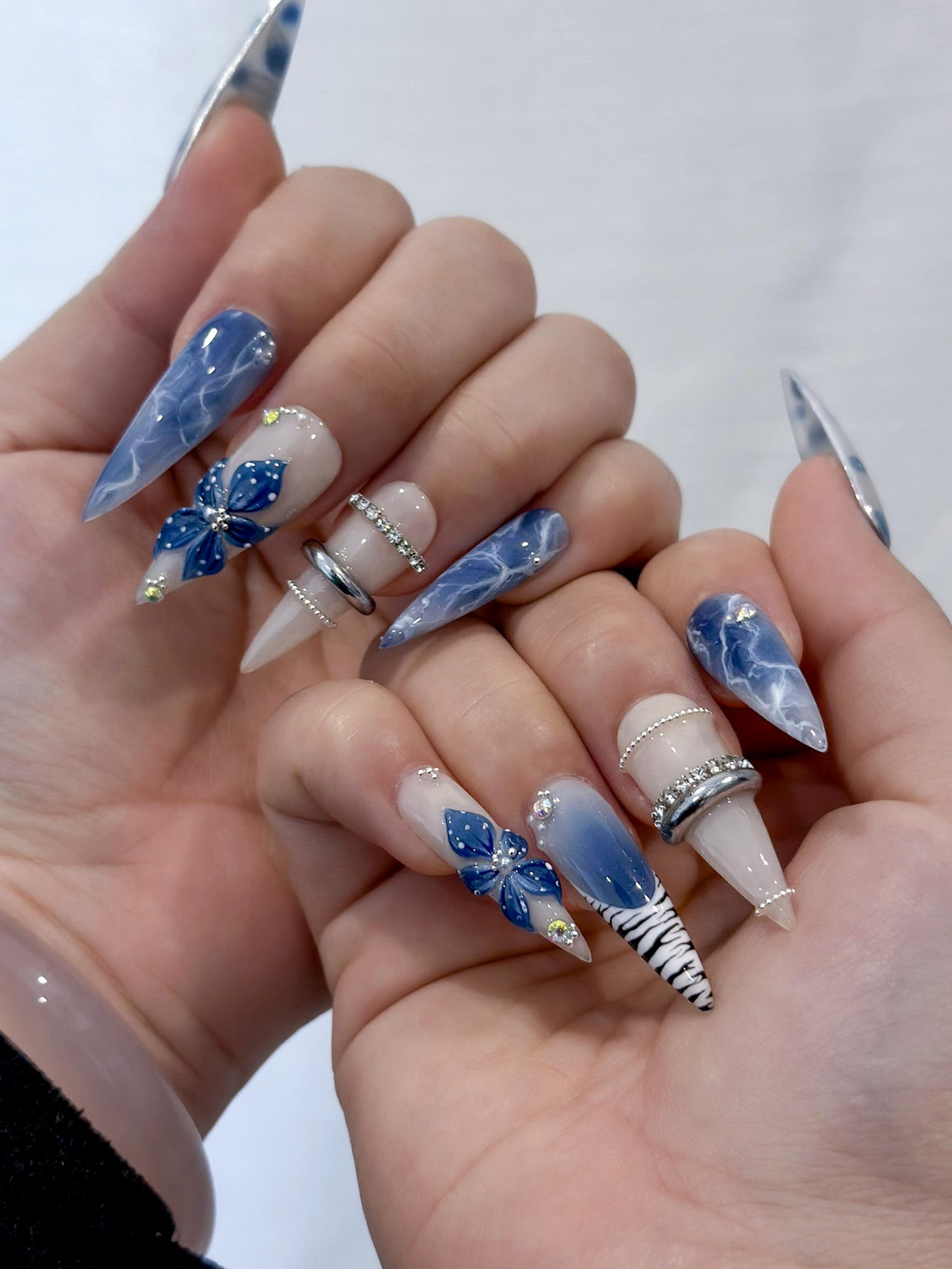 Blue Marble Blossom Press On Nails for Spring Blue Handmade Nude & Sapphire Nails with