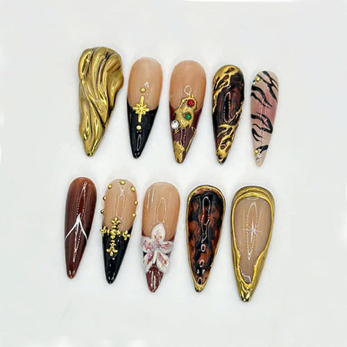 Glamorous Golden Press On Nails, Tortoise Shell And Gold Accents, Handcrafted Luxury