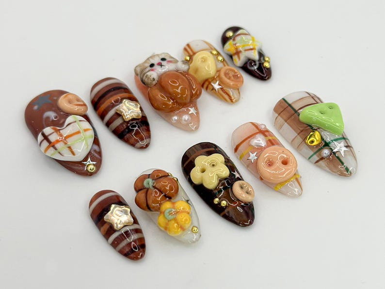 Kawaii 3D Cat Press On Nails Cute Autumn Plaid Nails Cat & Plaid 3D Nail Set Handmade Kawaii Nail Set Autumn Inspired OB594HC