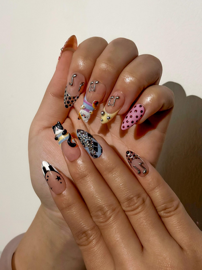 Polka Dot Cat Melody Press On Nails Cute Cat Nail Art for Music Lover Polka Dot Nude Nails