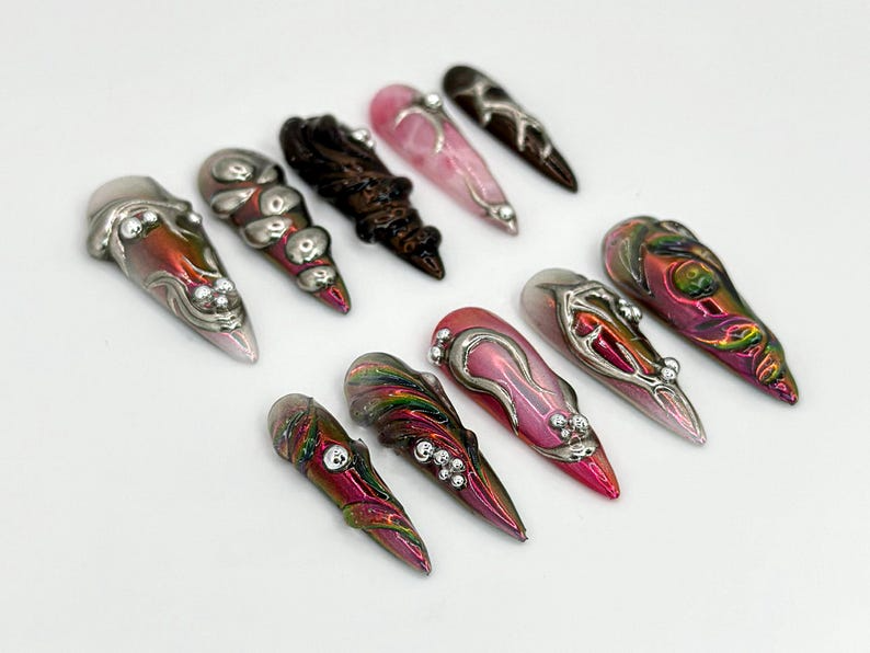 Gothic Metallic Stiletto Nails Futuristic Metallic and Pink Nails with 3D Designs Art Deco-Inspired Chrome 3D Silver DetailsOB600HK