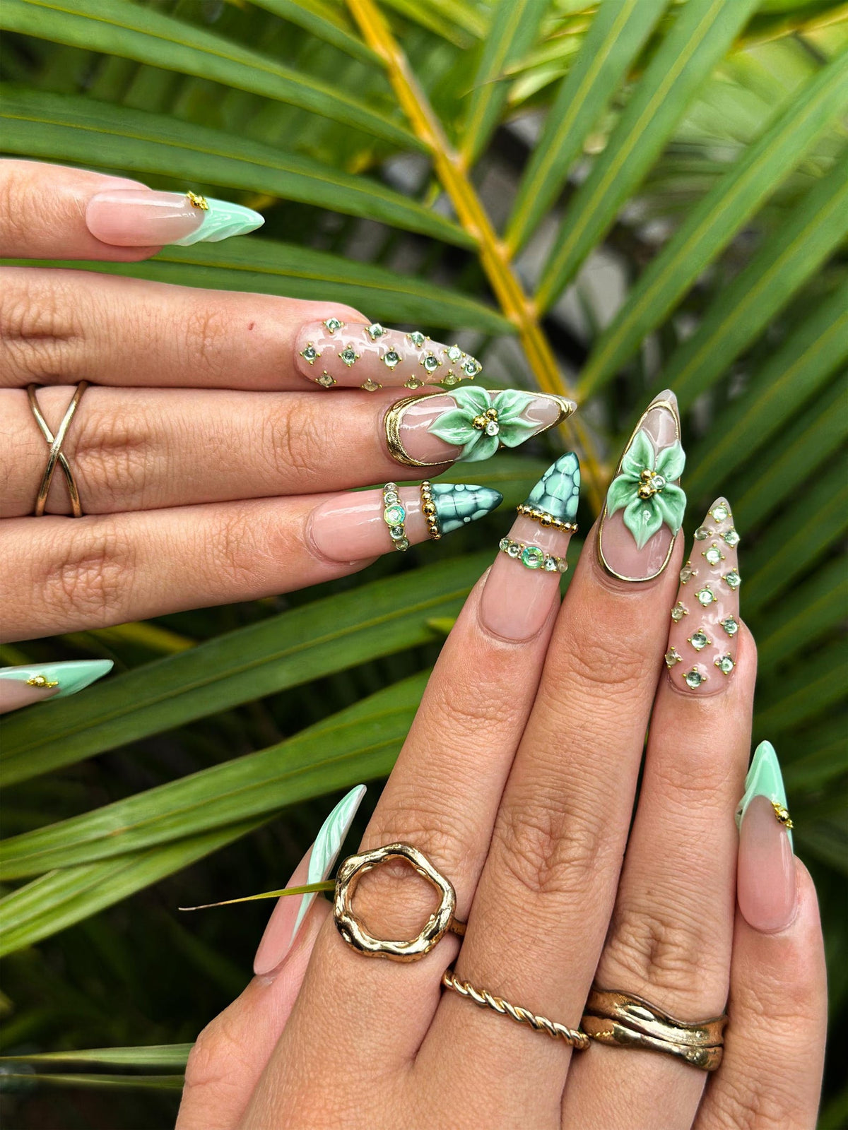 Jade Green Press On Nails with 3D Flower and Gold Detail, Elegant Floral Nails in Almond