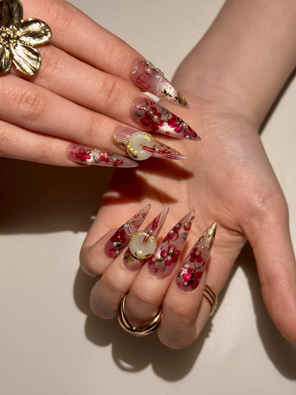 Handmade Cherry Blossom Press On Nails, Asian Inspired Luxury 3D Jade and Gold Leaf Nails
