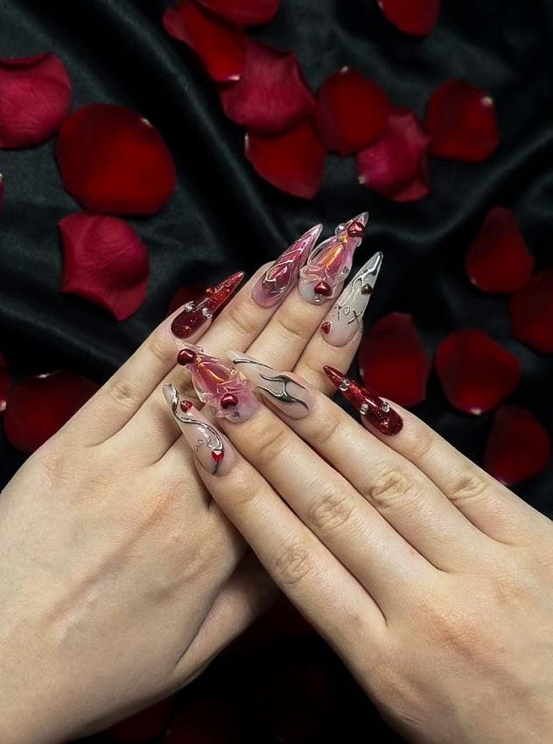 Red Pink Heart Press On Nails Valentine Nail Wraps| Y2K Heart Nail Art Handmade Statement Press Ons Valentine Nails