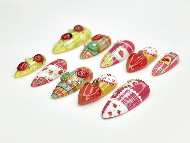 Ladybug, Strawberry Press On Nails Vintage Strawberry Nail Art3D Fruit & Plaid Design NailsSummer Fruit Press OnsCute NailsOB835YK