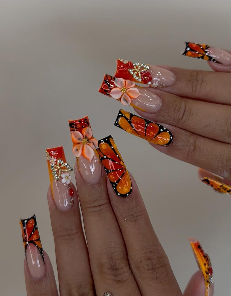 Sunset Flame Floral Press On Nails Orange Butterfly Nails 3D Flower & Star Charms Nail Art Handmade Long Nail Set