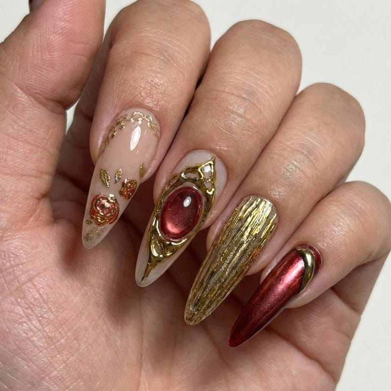 Press On Nails Adhesive Tabs – Nude Burgundy Gold Heart & Rose Chrome Long Stiletto