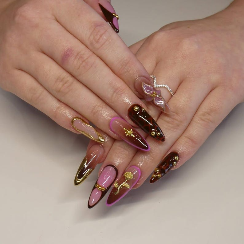 Golden Rose Luxe Press On Nails Pink & Brown Glam Nail Art 3D Bow And Rose Accents Handmade Luxury Stiletto Nails