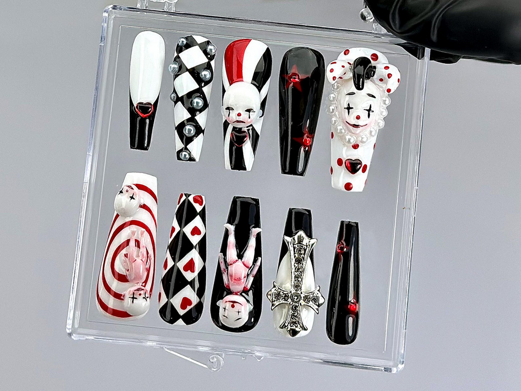 Gothic Clown Press On Nails by DoryNail Horror Harlequin Fake nails Creepy Cute Nail Art Black Red White 3D Dolls Nails