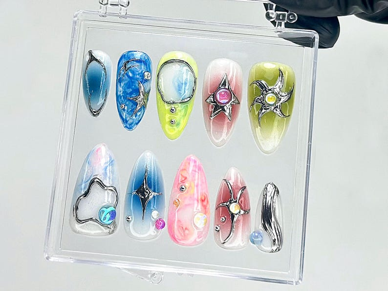 Iridescent Galaxy Press On Nails Space Theme Fake Nails 3D Celestial Nail Art Shimmer Galaxy Press Ons Starry Sky Press Ons