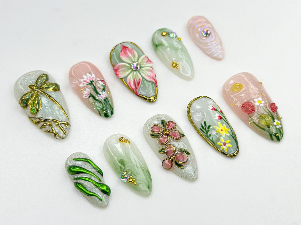 Elegant Flower Garden Press On Nails 3D Wildflower & Dragonfly Nails Nature-Inspired Floral Nail Art Elegant Spring Press OnsOC816HC