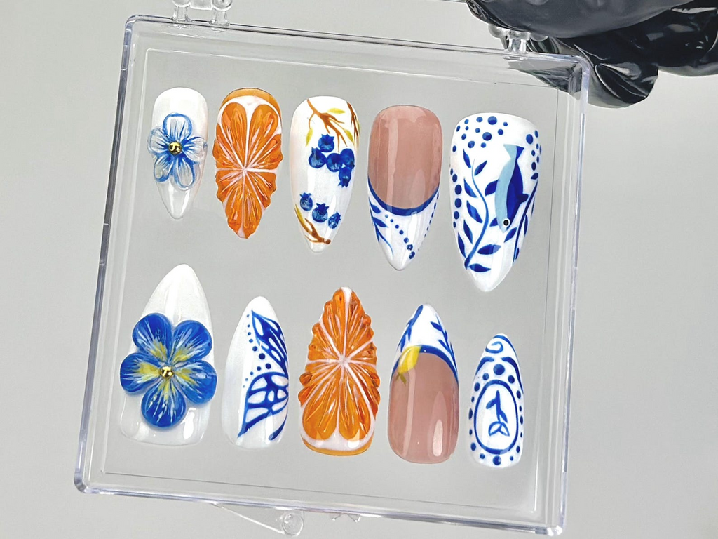 Porcelain Blue Floral Press On Nails Oriental Ceramic Fake Nails Orange Blossom Nail Art Butterfly Citrus Nails Luxury Nails|OB903YK