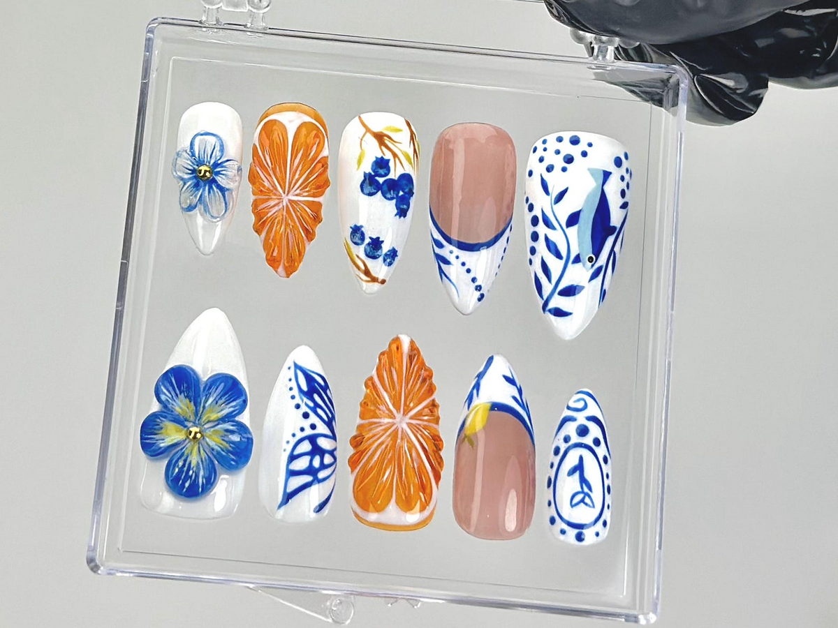Porcelain Blue Floral Press On Nails Oriental Ceramic Fake Nails Orange Blossom Nail Art Butterfly Citrus Nails Luxury Nails|OB903YK
