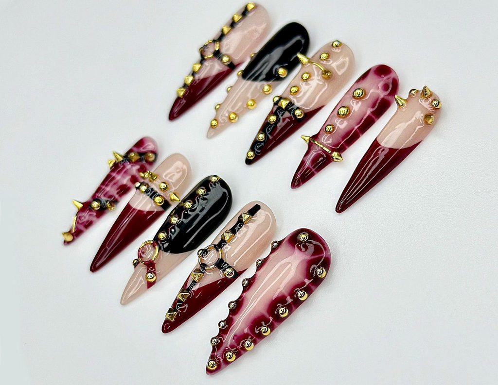 Handmade Gothic Press On Nails Spiked, Studded Red & Black Nails Punk Rock Statement Nail Art