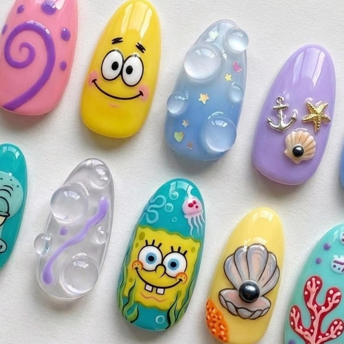 SpongeBob Press On Nails Summer Handpainted Cartoon Patrick Star Squidward Custom Fake