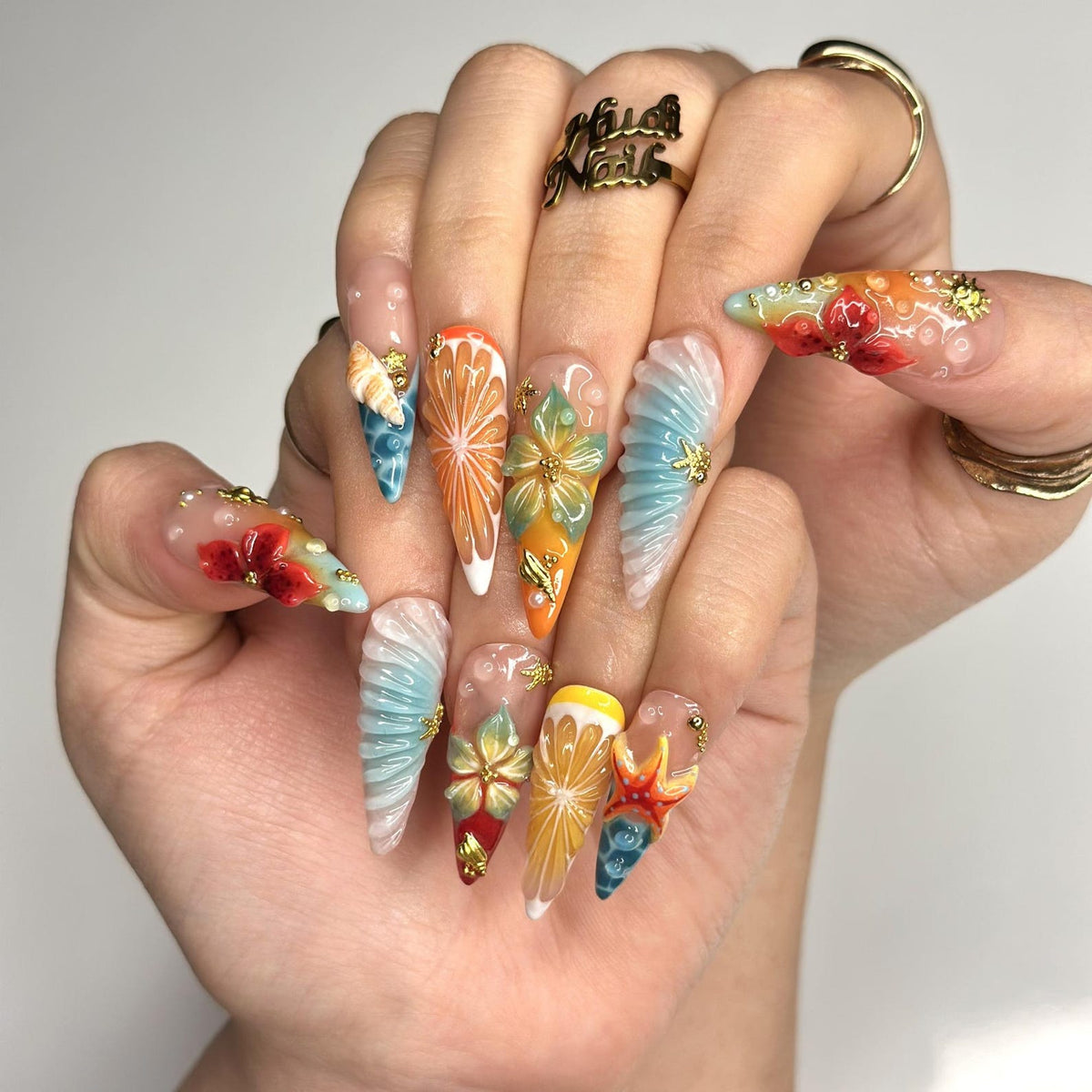3D Fruit & Tropical Flower Nails, Yellow Lemon Orange Citrus Press On, Pastel Blue Shell