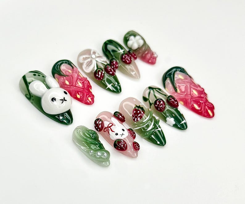 Strawberry Bunny Dreams Press On Nails Cute 3D Fruit Nail Art Sweet Berry Theme Nails Pink 3D Kawaii Nails