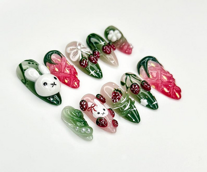 Strawberry Bunny Dreams Press On Nails Cute 3D Fruit Nail Art Sweet Berry Theme Nails Pink 3D Kawaii Nails