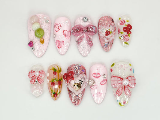 Pink Bow Romance Press On Nails Cat, Heart & Ribbon Themed Nail Art Custom Cat Nail Designs Cute and Sparkly Pet Nail Art OC556HC