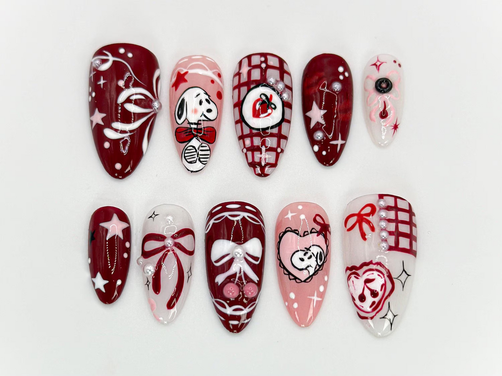Snoopy-Inspired Red Press On Nails Unique Hand-Painted Snoopy Design Charming Stars and Bows Nail Set Artistic Handmade Nail OB566HK