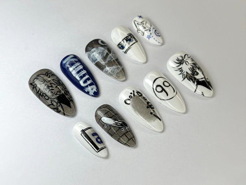 Killua Zoldyck Anime Press On Nails Hunter x Hunter Nail Art Unique Killua-Inspired Nail Art Manga Black & White Nail Set