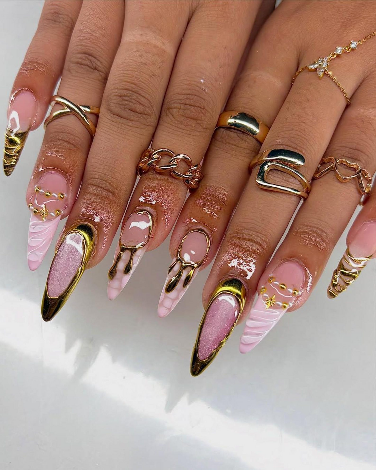 Nude Pink Gold Press On Nails Luxury Molten Metal Nail Art Elegant Long Stiletto Press Ons