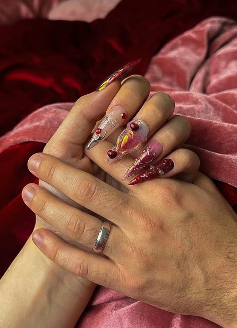 Red Pink Heart Press On Nails Valentine Nail Wraps| Y2K Heart Nail Art Handmade Statement Press Ons Valentine Nails