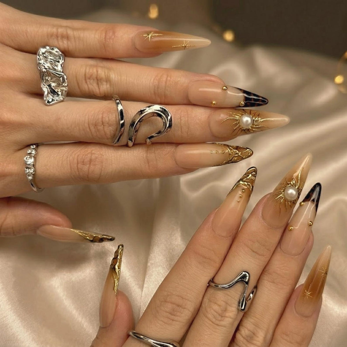 Gold Sun Pearl Press On Nails, Shiny Jelly Brown Nails, Luxury Gold Swirl Art, Bold