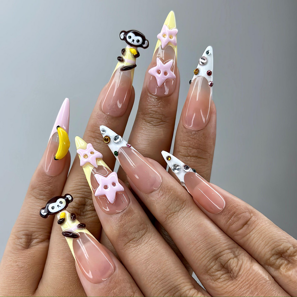 3D Monkey Banana Press On Nails Cute Pink Star & Fruit Fake Nails Kawaii Handmade Nail Art Playful Cute Nails Cartoon Nails