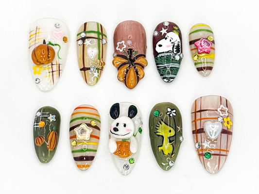 Cute Autumn Press-On Nails| 3D Cartoon & Rustic Style Hand-Painted Nail Art Unique Fall Nail Art Autumn-Themed Press-On Nails|OB588LC