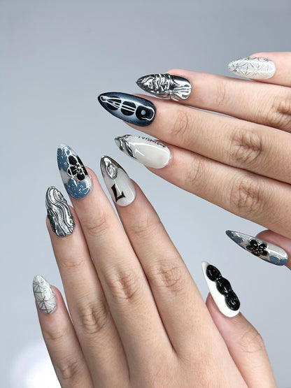 Kpop Inspired Indigo Voyage Nails, 7 Spirit Arirang Silver Shark Nails, Ocean Muse 3D