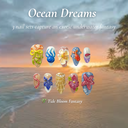 Ocean Dreams Nail Bundle 3 Sea-Inspired Press On Nail Sets Mermaid, Coral & Shark Vibes