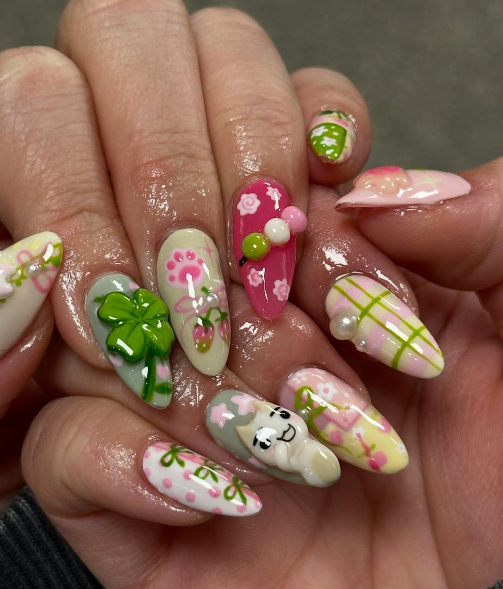 Kawaii Cute Press On Nails by DoryNails Pastel Bunny Clover 3D Press Ons Sakura Bunny Fake Nails Kawaii Spring Nail Art OB827YC