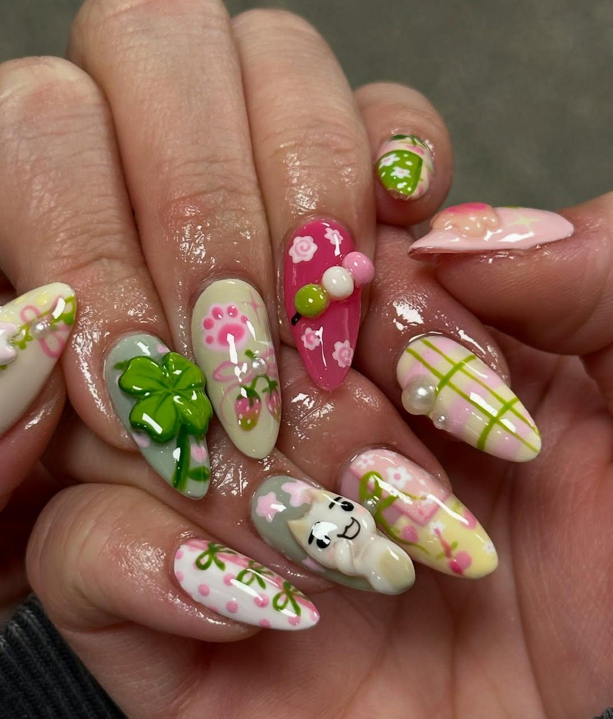 Kawaii Cute Press On Nails by DoryNails Pastel Bunny Clover 3D Press Ons Sakura Bunny Fake Nails Kawaii Spring Nail Art OB827YC