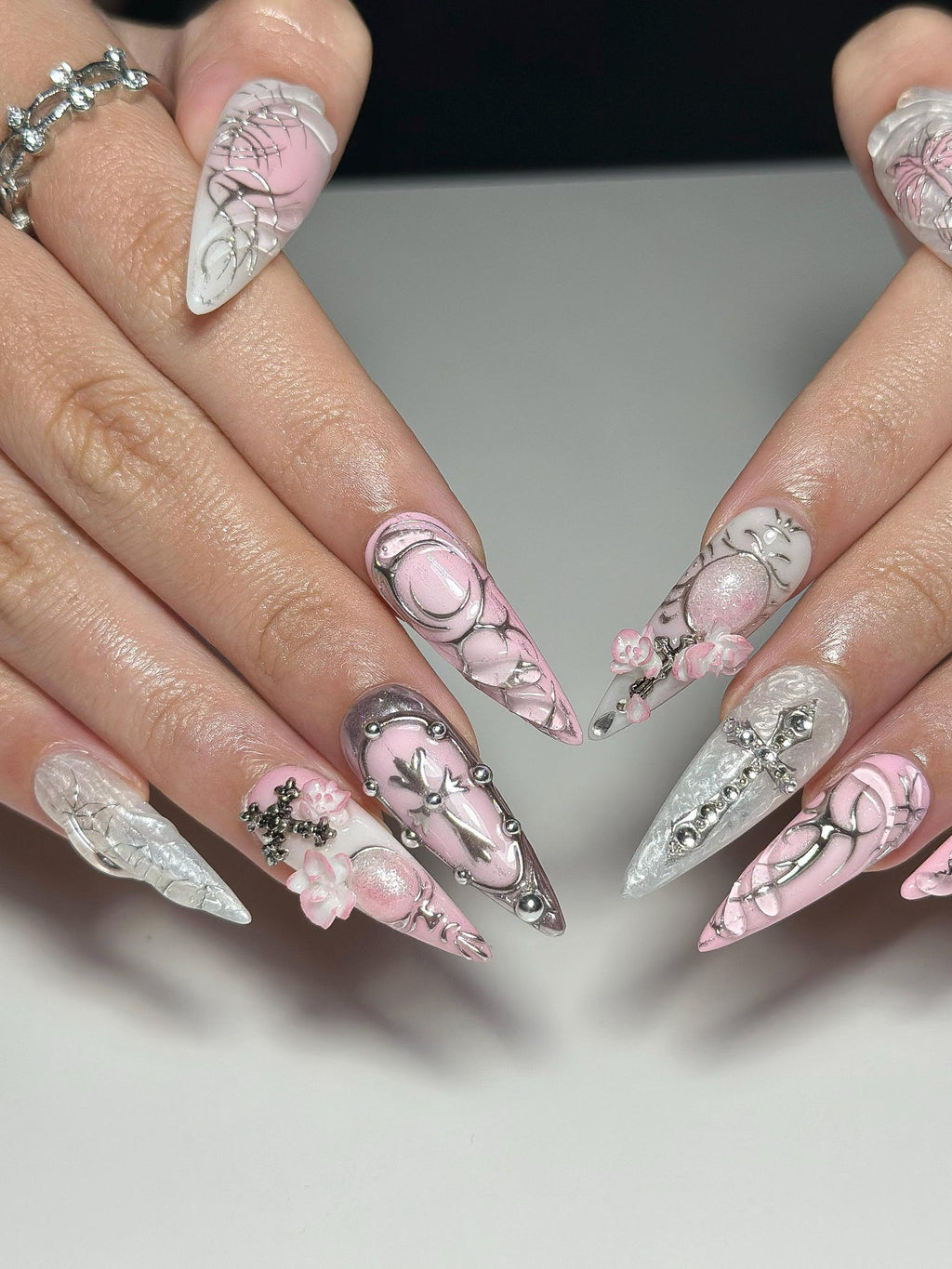 3D Pink Gothic Cyber Nails, Silver Chrome Cross Press Ons, Ethereal Grunge Liquid Metal