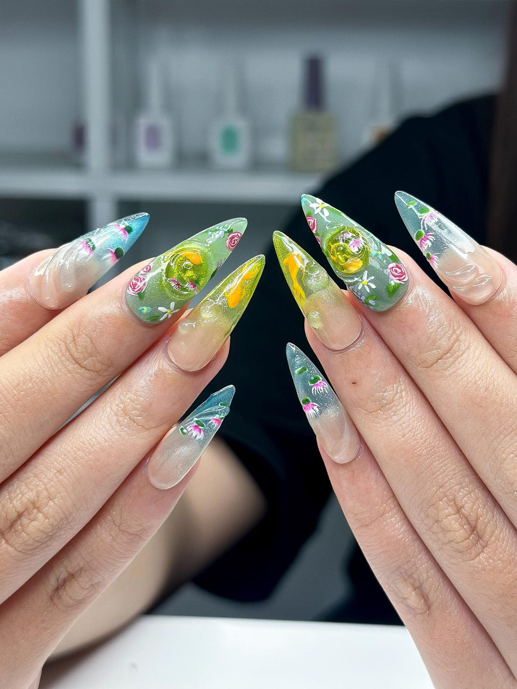 Zen Koi Pond Press On Nails, 3D Lotus Flower & Goldfish Art, Ethereal Ombre Shimmer Nails