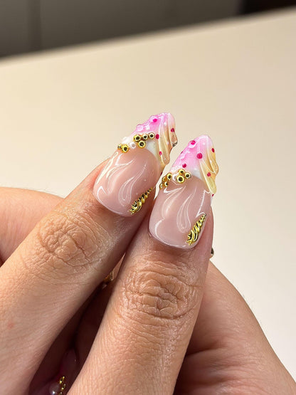 3D Pink Hibiscus & Seashell Nails, Tropical Floral Summer Press Ons, Luxury Gold Studded