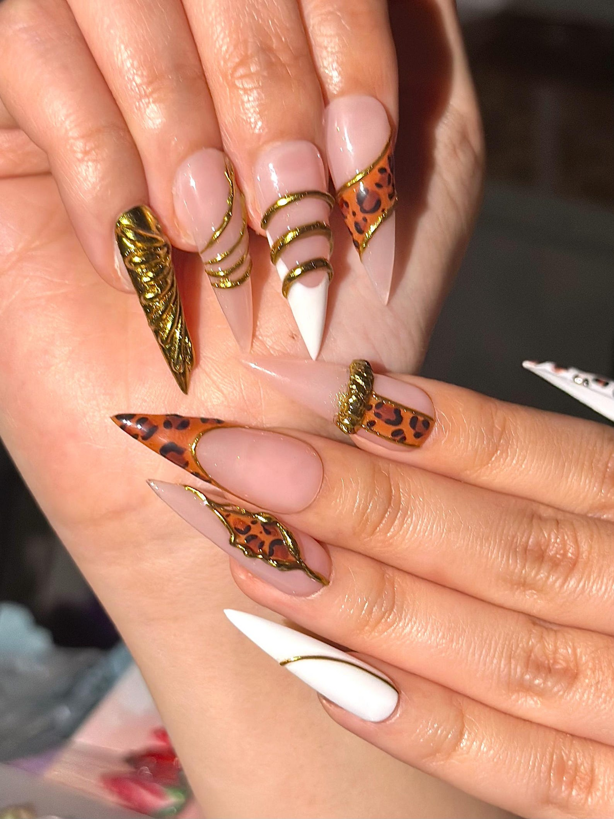 Gold Leopard Luxury Press On Nails 3D Metallic Chrome Nails Animal Print Stiletto Glam