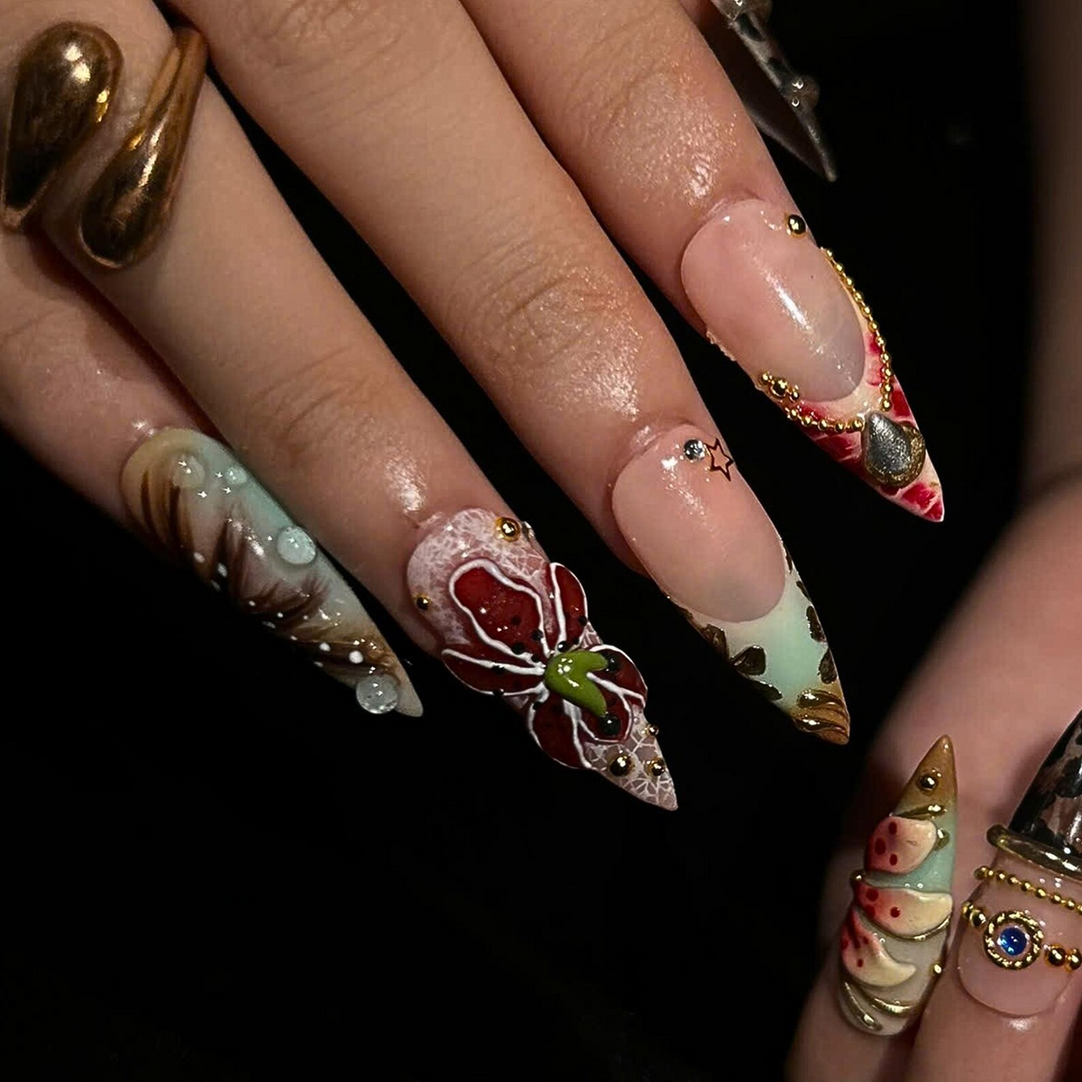 Luxury Floral Press On Nails, Burgundy Gold Nails, 3D Flower Nail Set, Vintage Glam