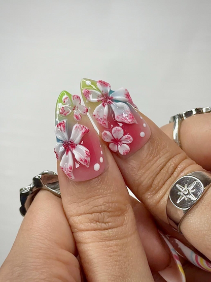 Midnight Sun Press On Nails for Y2K Lovers Sunset Ombre Rainbow Nails with 3D Floral Art