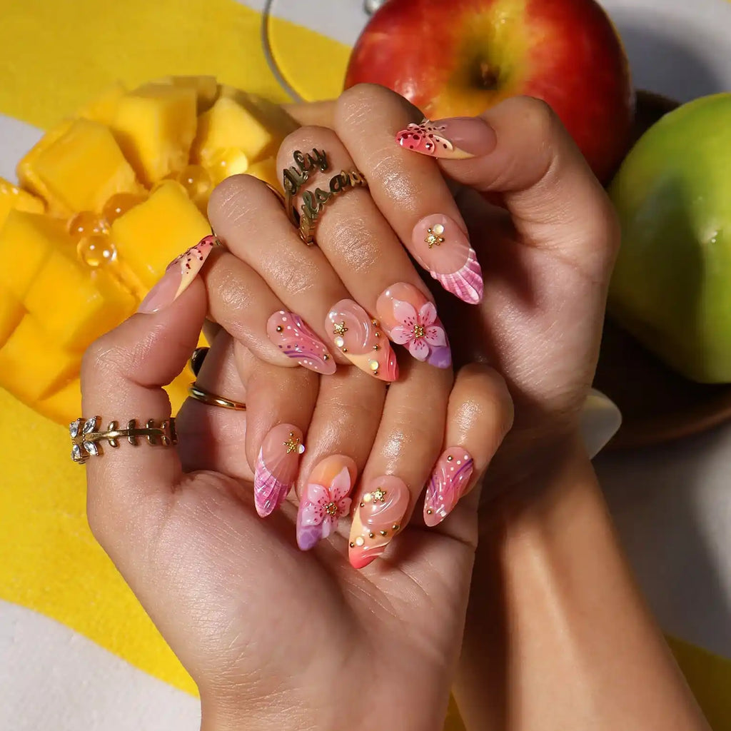 Blush Hour Pink Orange 3D Floral Press On Nails