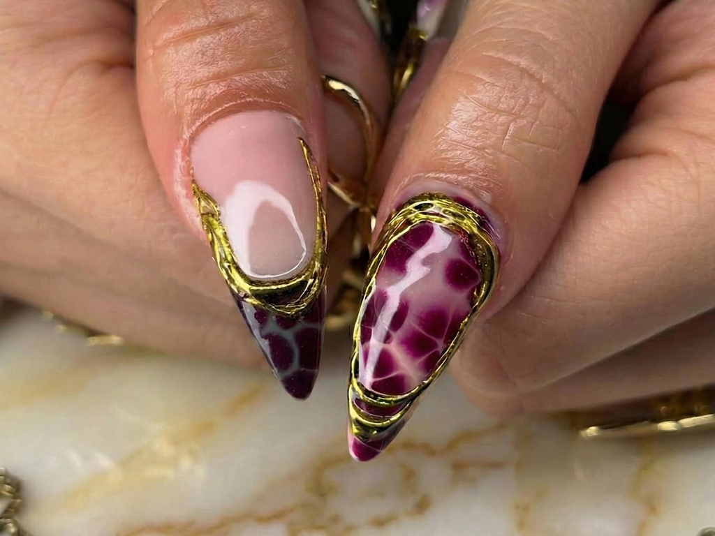 Gothic Garnet Gold Press On Nails Frech Tips Gold Couture Nail Art Burgundy Jade Statement Nails Handmade Luxury Stiletto Set