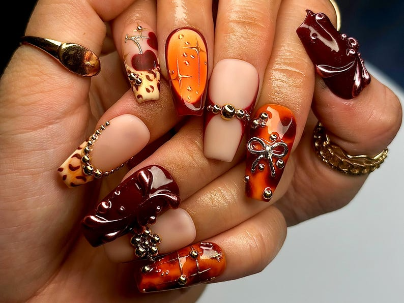 Fall Orange Leopard Press On Nails Autumn Handmade Luxury Set 3D Bow & Butterfly Nail Art Fall Statement Design