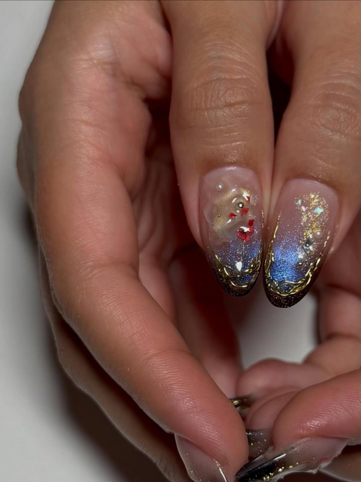 Luxury Navy Gold Press On Nails, Mystic Galaxy Floral Nails, Reusable Stiletto Nail with