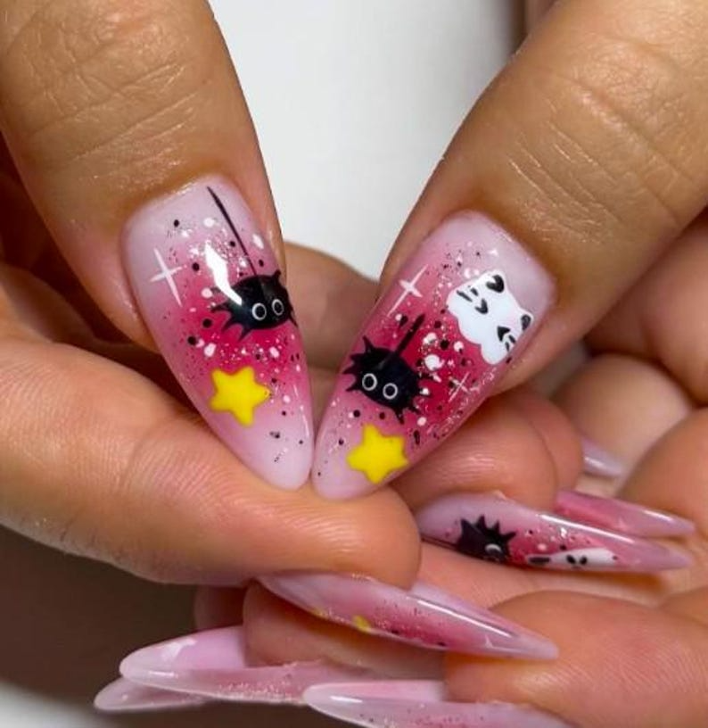 Spooky Kawaii Halloween Press On Nails, Pink Ghost & Pumpkin Nail Art, Cat and Witch Hat